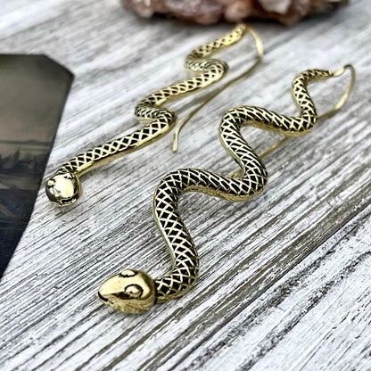 Long Large Brass Serpent / Snake Earrings.