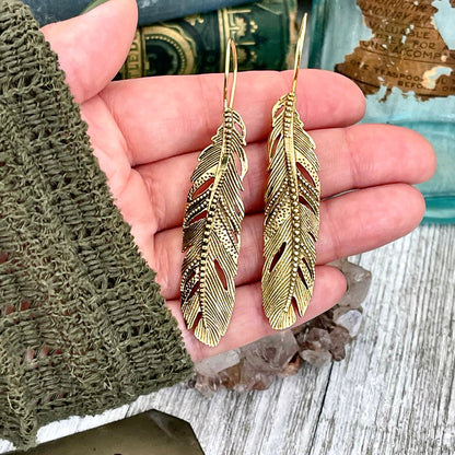 Long Large Brass Feather Earrings.