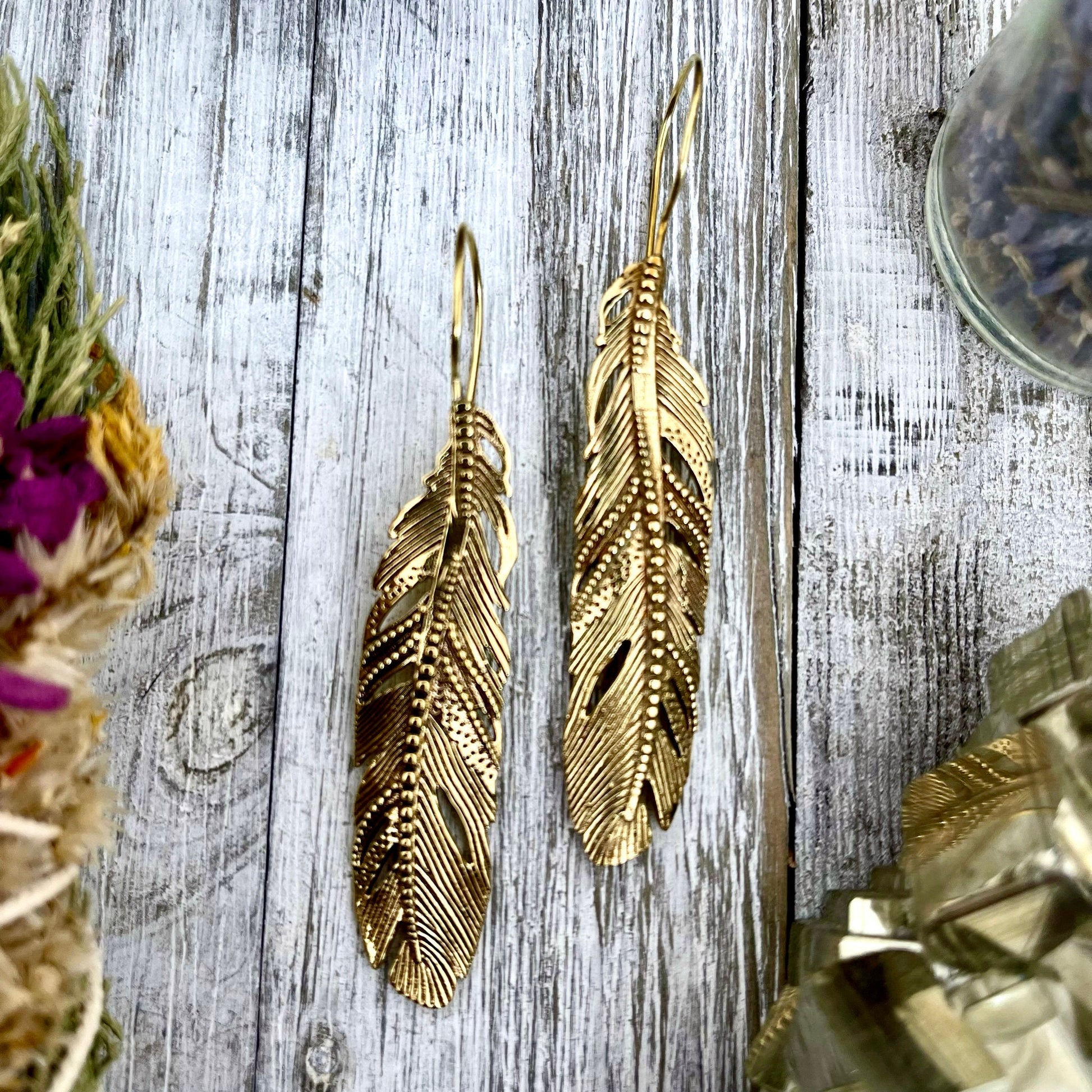 Long Large Brass Feather Earrings.