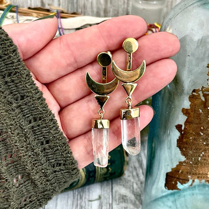 Crescent Moon Ear Jacket Earrings with Natural Clear Quartz Crystals set in Brass or Sterling Silver.