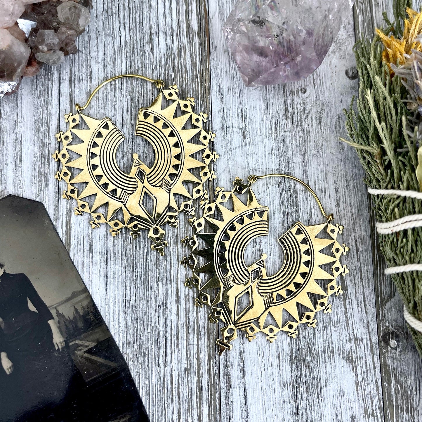 Large Brass Decorated Hoop Earrings.