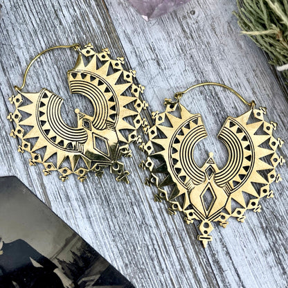 Large Brass Decorated Hoop Earrings.