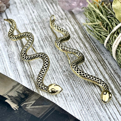 Long Large Brass Serpent / Snake Earrings.