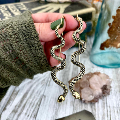 Long Large Brass Serpent / Snake Earrings.