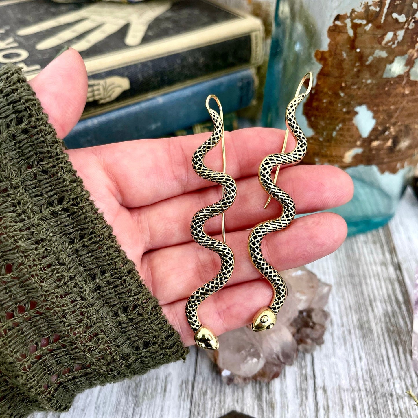 Long Large Brass Serpent / Snake Earrings.