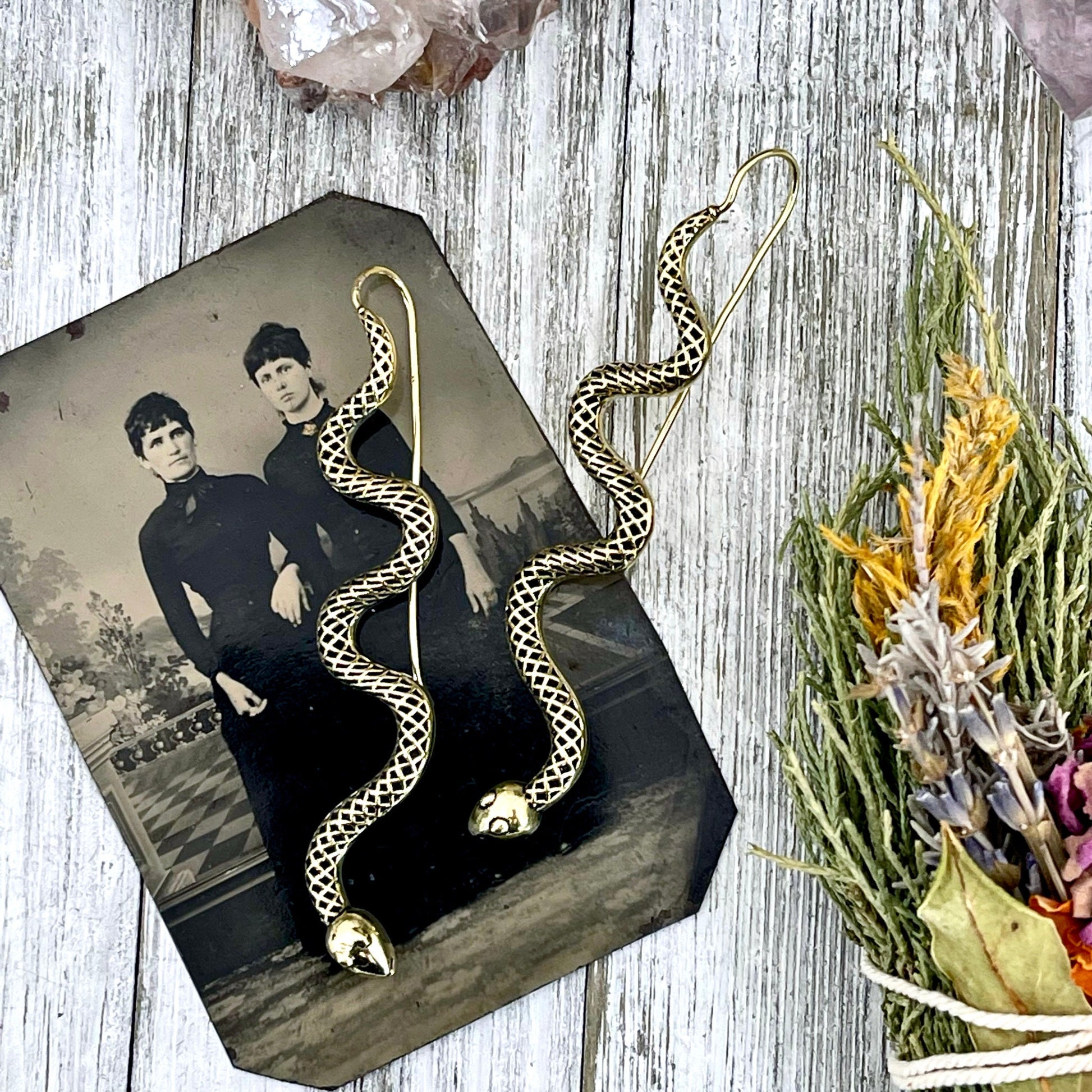 Long Large Brass Serpent / Snake Earrings.