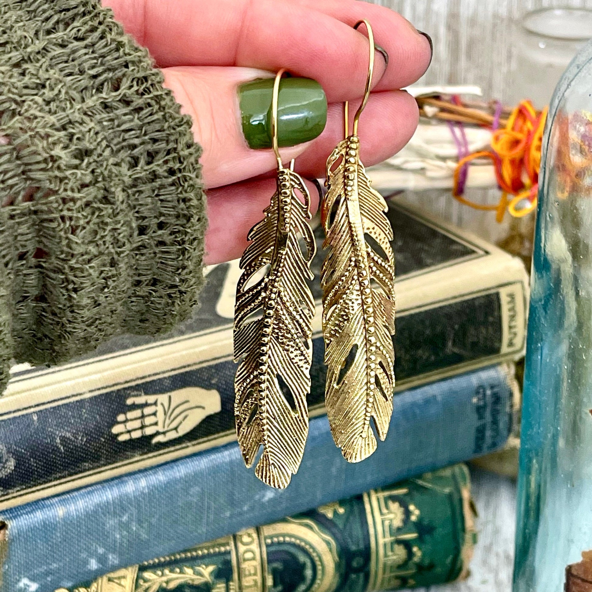 Long Large Brass Feather Earrings.