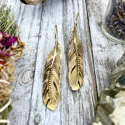 Long Large Brass Feather Earrings.