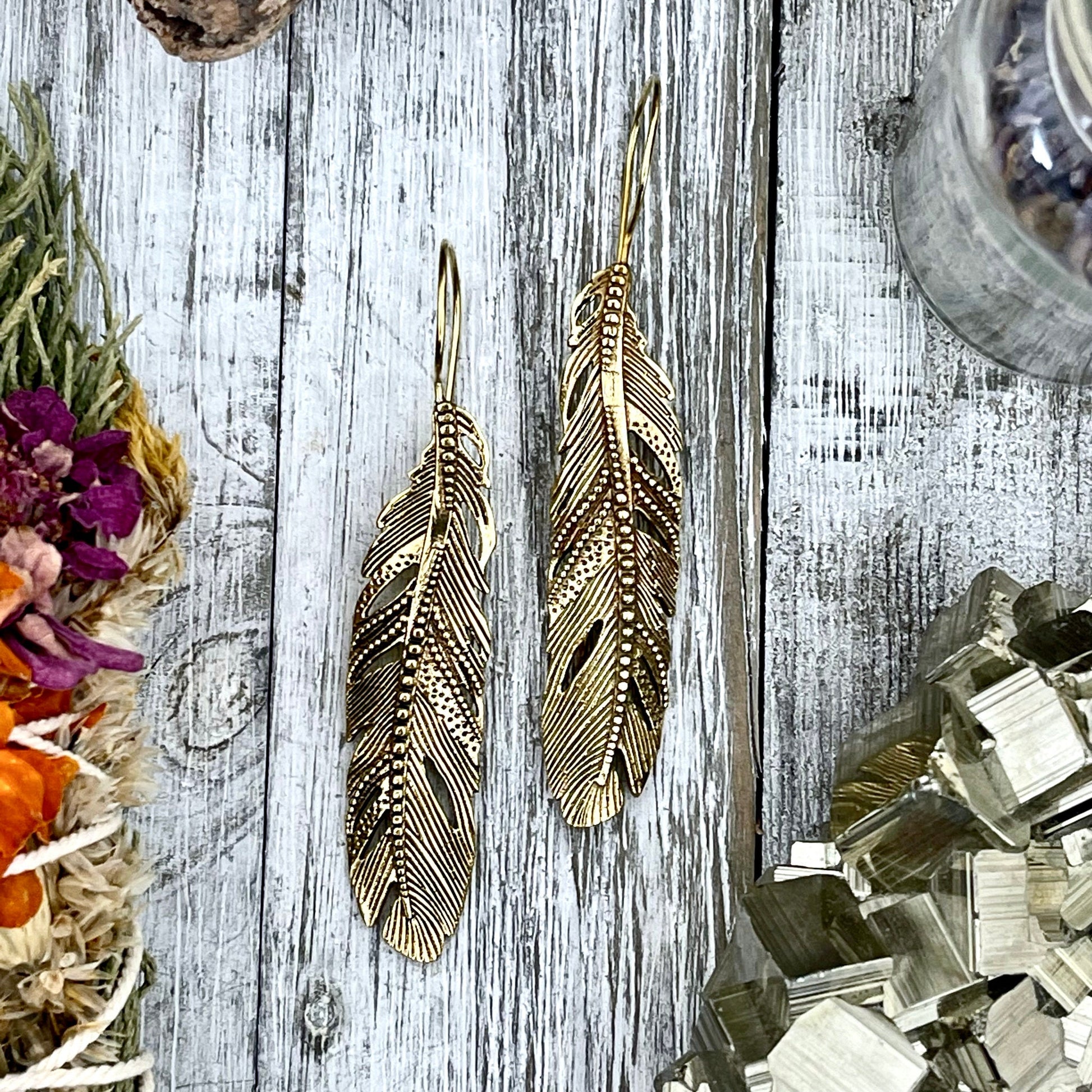 Long Large Brass Feather Earrings.