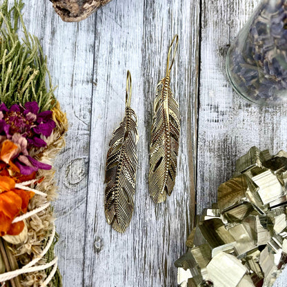 Long Large Brass Feather Earrings.