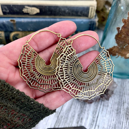 Large Brass Decorated Hoop Earrings.