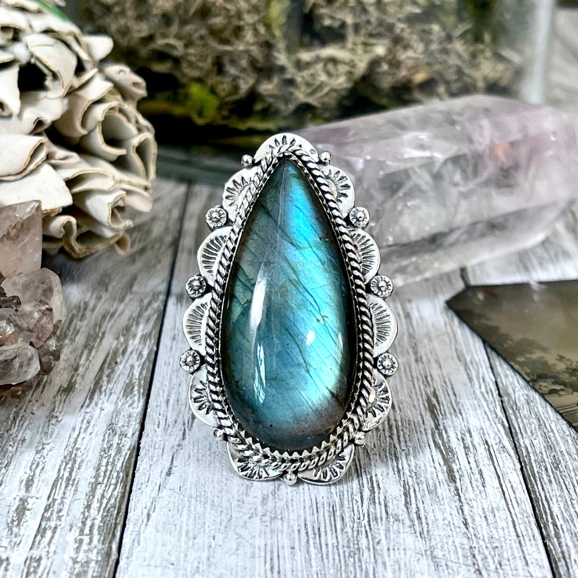 Labradorite Teardrop Crystal Statement Ring in Sterling Silver- Adjustable- Designed by FOXLARK Collection Adjusts to Size 6,7,8,9, or 10.