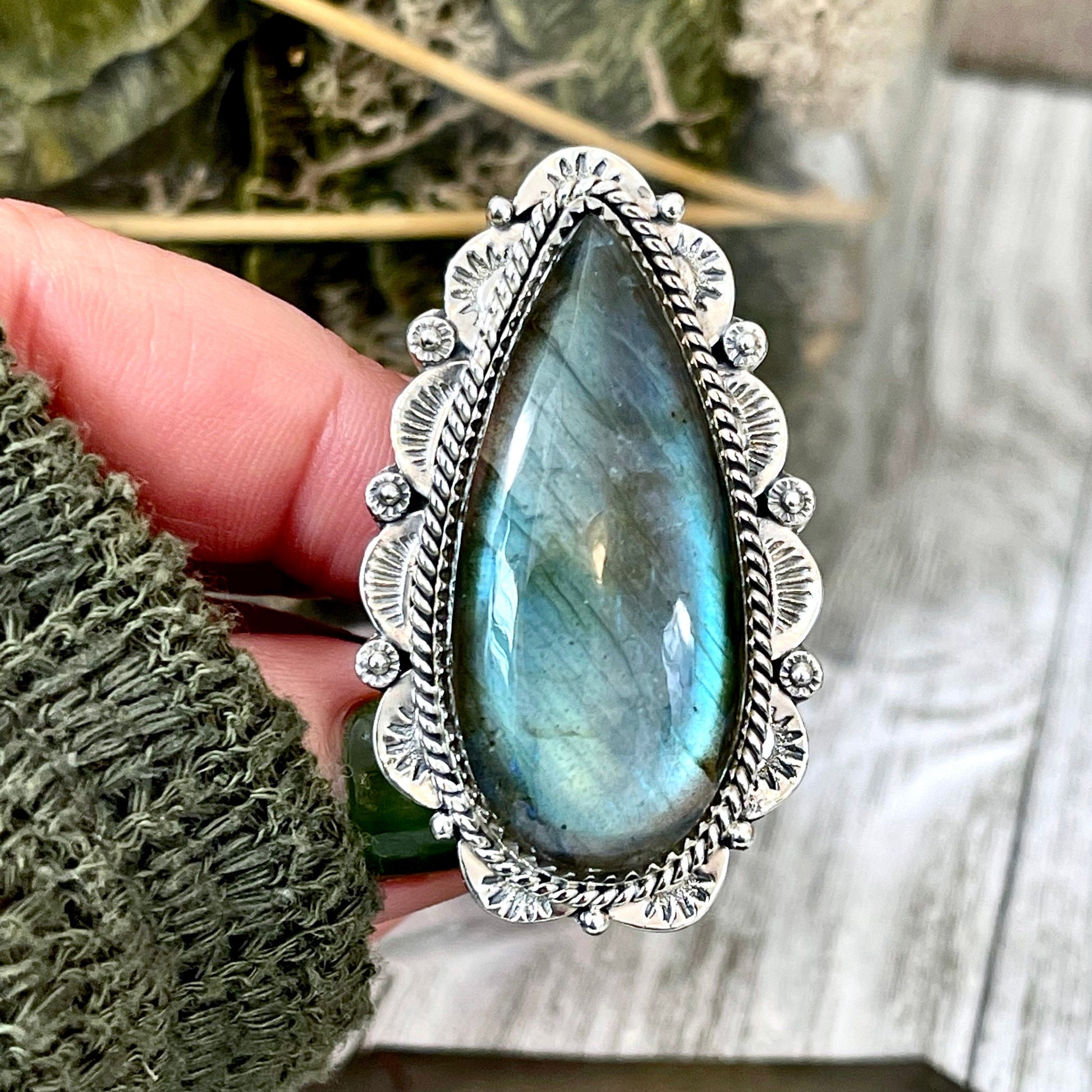 Labradorite Teardrop Crystal Statement Ring in Sterling Silver- Adjustable- Designed by FOXLARK Collection Adjusts to Size 6,7,8,9, or 10.