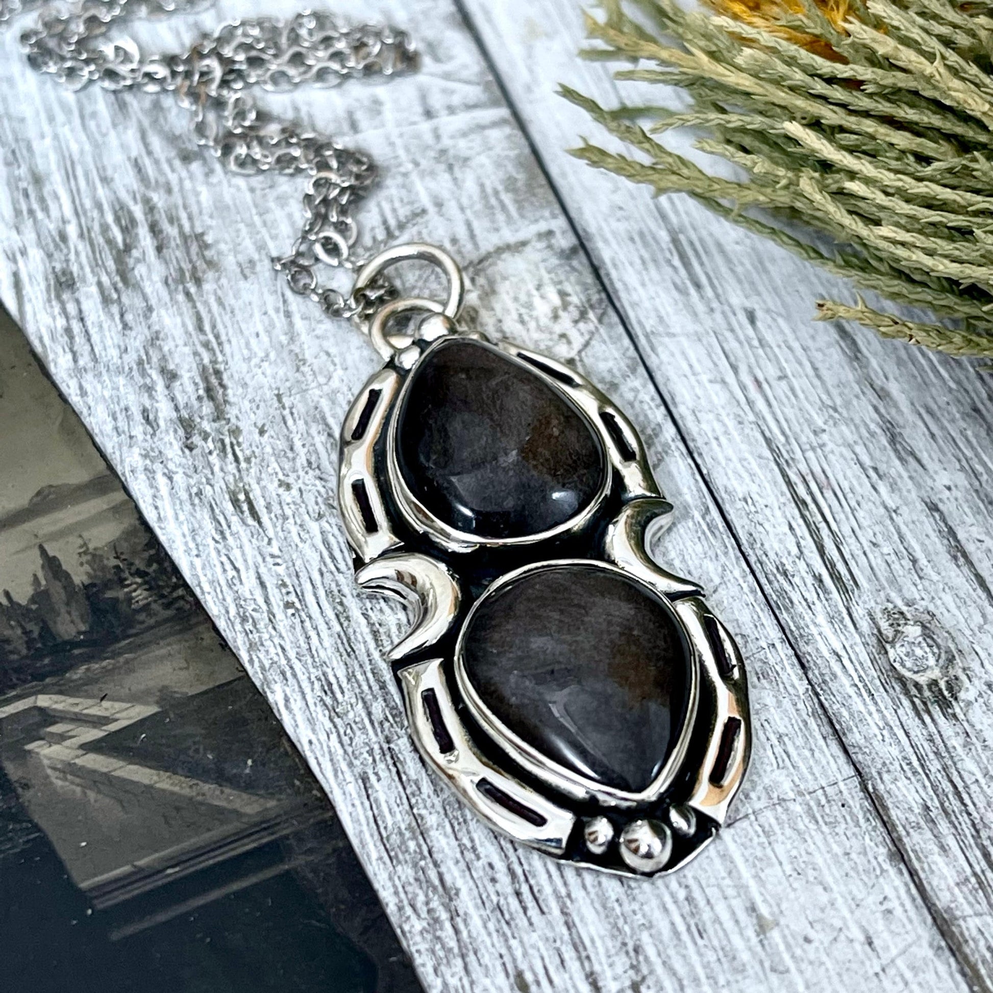 Silver Sheen Obsidian Mystic Moon Crystal Statement Necklace in Sterling Silver / Designed by FOXLARK Collection.