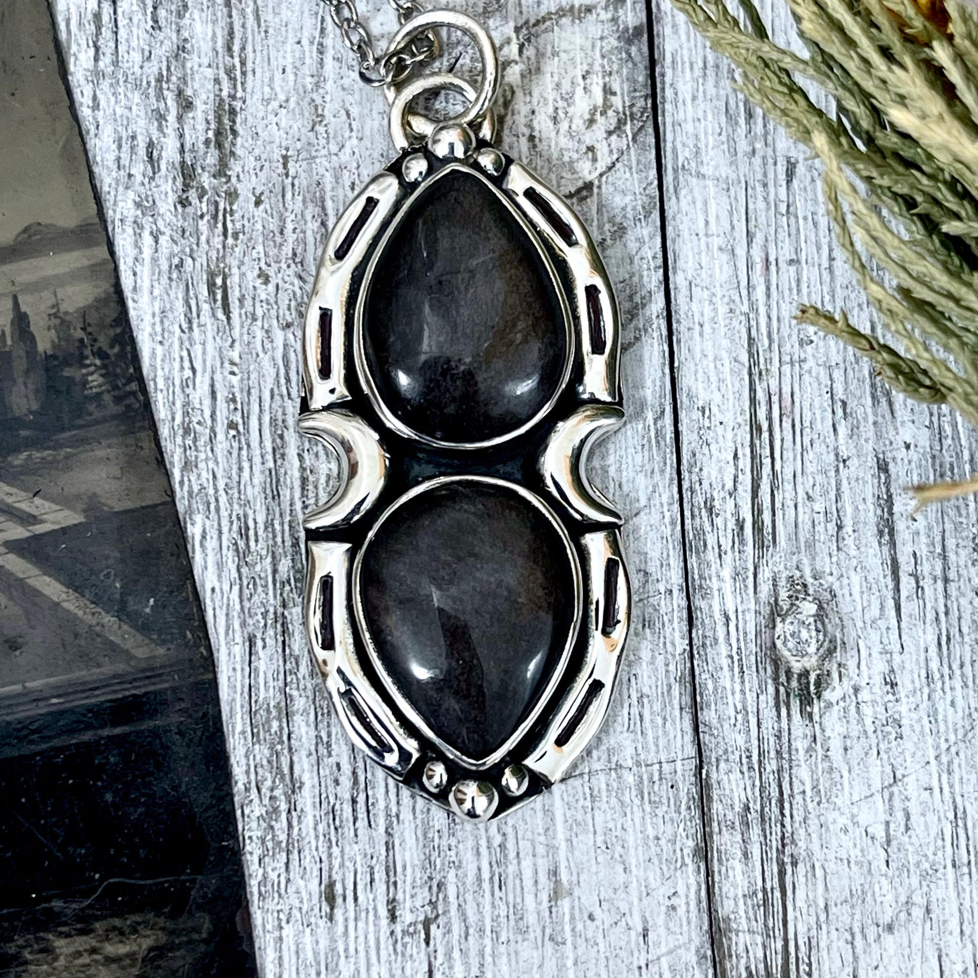 Silver Sheen Obsidian Mystic Moon Crystal Statement Necklace in Sterling Silver / Designed by FOXLARK Collection.