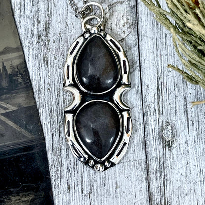 Silver Sheen Obsidian Mystic Moon Crystal Statement Necklace in Sterling Silver / Designed by FOXLARK Collection.