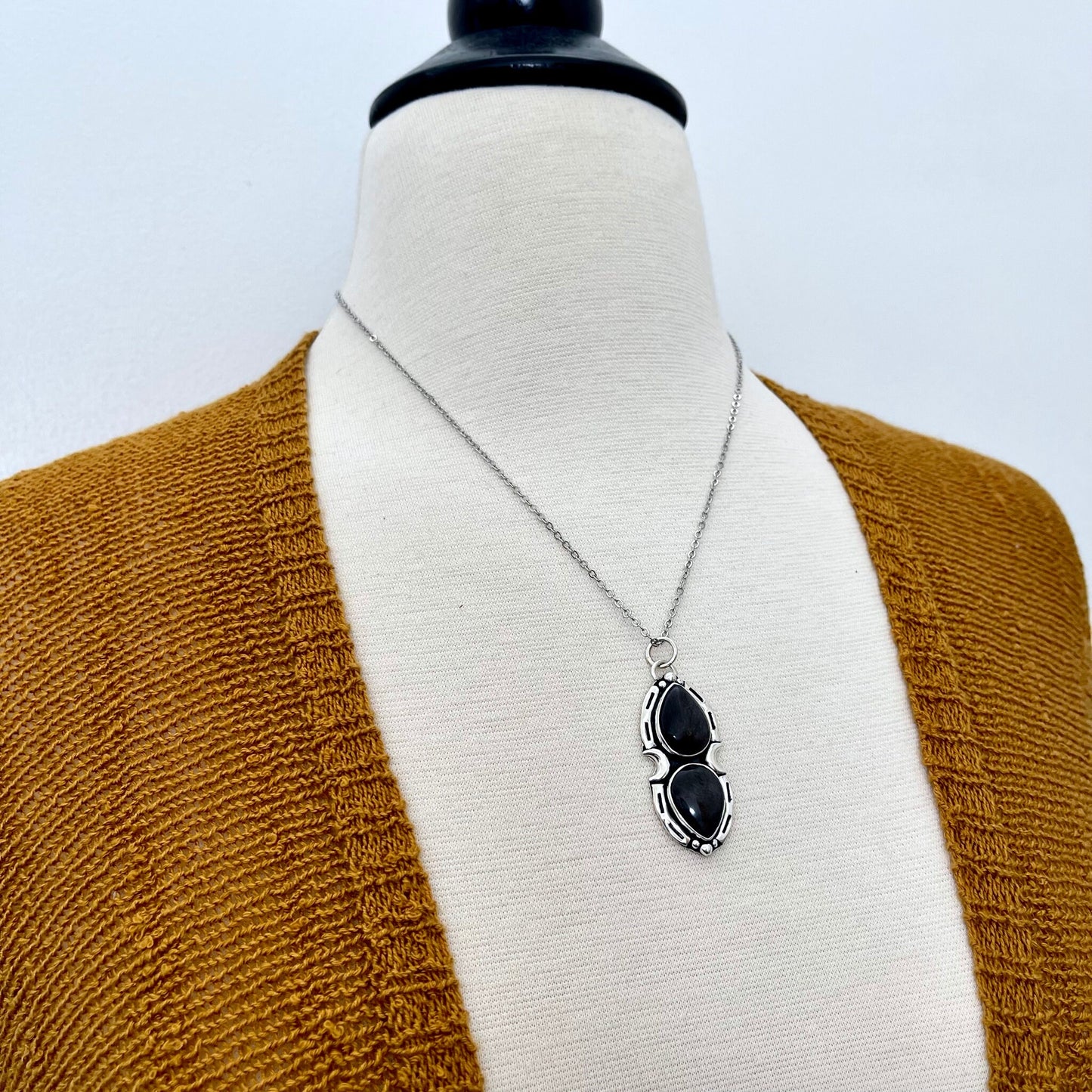Silver Sheen Obsidian Mystic Moon Crystal Statement Necklace in Sterling Silver / Designed by FOXLARK Collection.