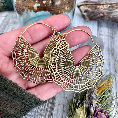 Large Brass Decorated Hoop Earrings.