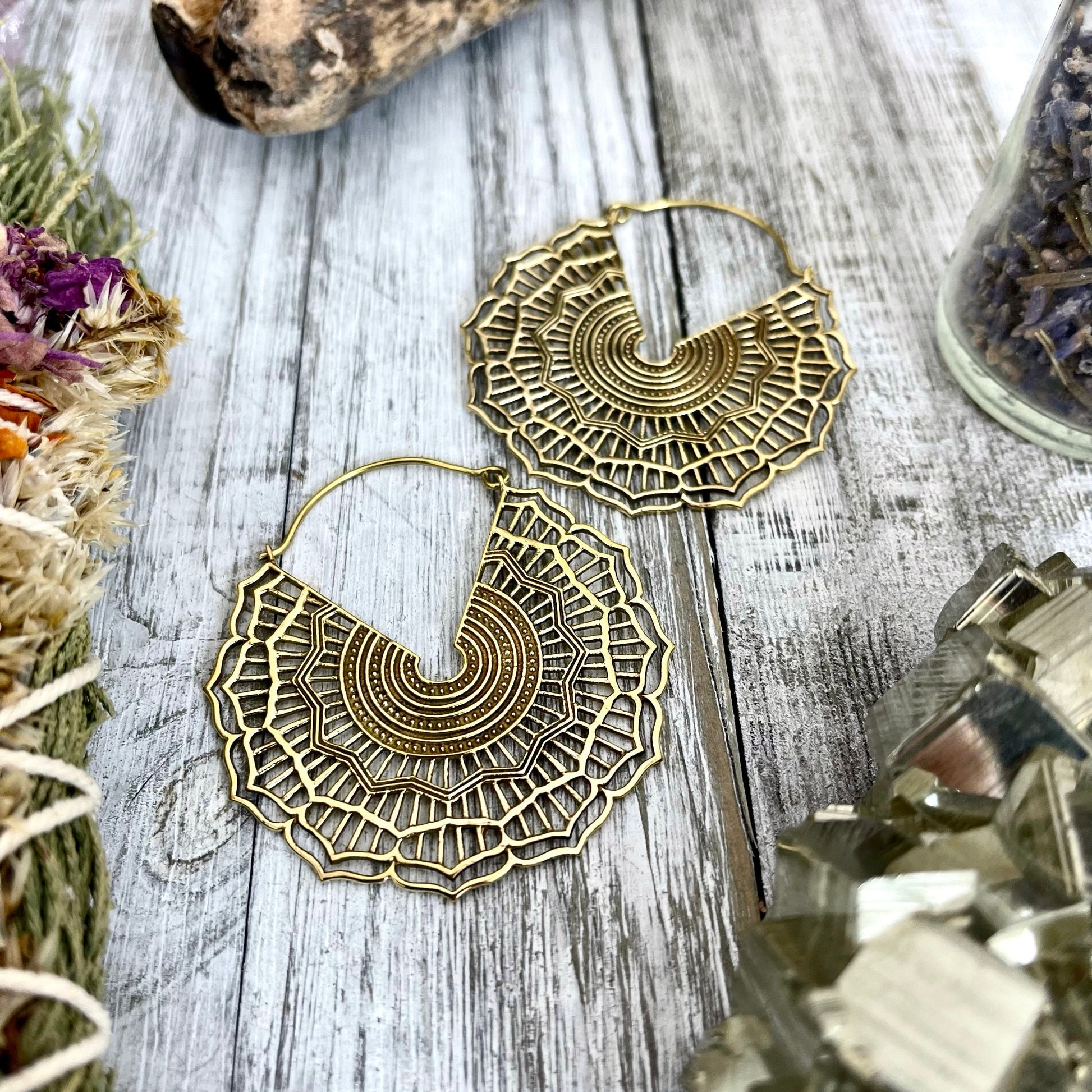 Large Brass Decorated Hoop Earrings.