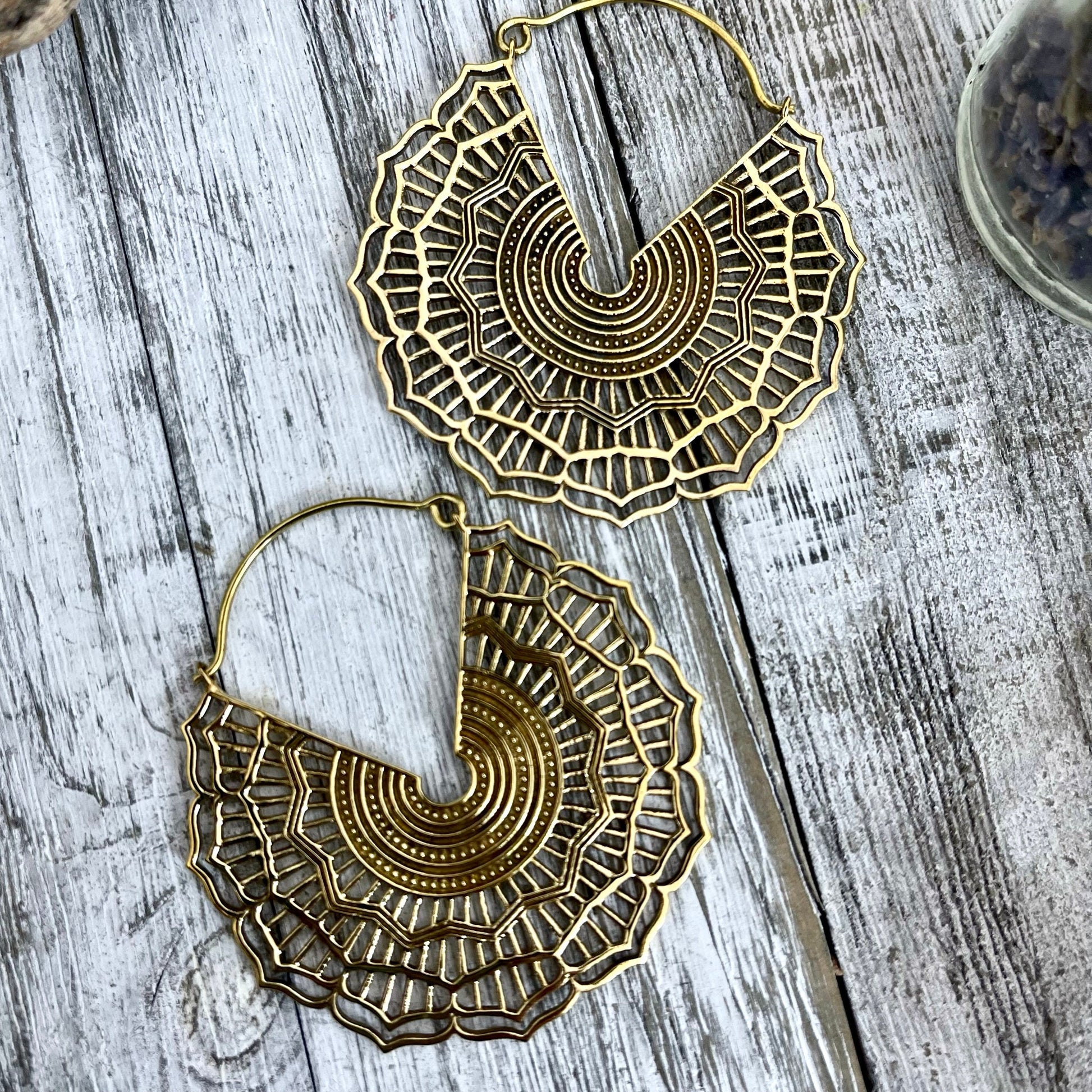 Large Brass Decorated Hoop Earrings.