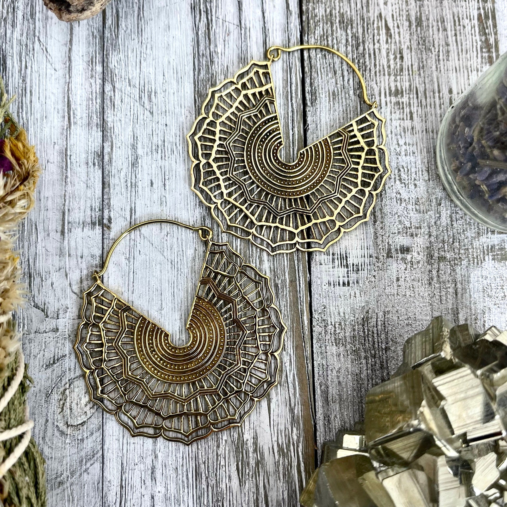 Large Brass Decorated Hoop Earrings.