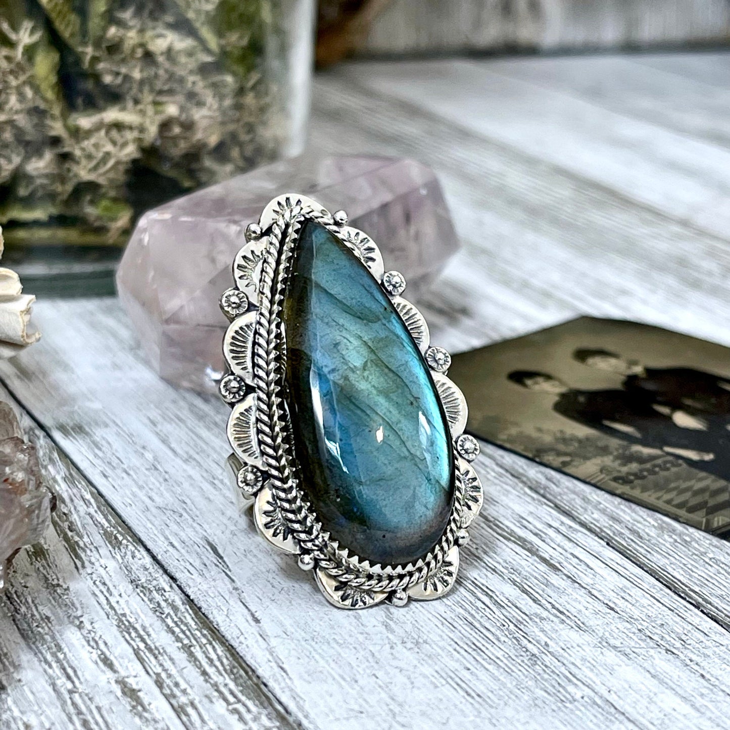 Labradorite Teardrop Crystal Statement Ring in Sterling Silver- Adjustable- Designed by FOXLARK Collection Adjusts to Size 6,7,8,9, or 10.