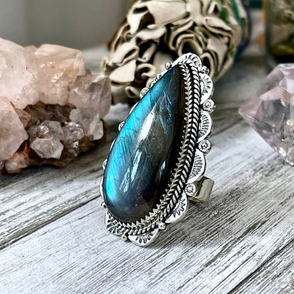 Labradorite Teardrop Crystal Statement Ring in Sterling Silver- Adjustable- Designed by FOXLARK Collection Adjusts to Size 6,7,8,9, or 10.