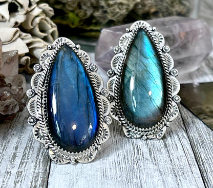 Labradorite Teardrop Crystal Statement Ring in Sterling Silver- Adjustable- Designed by FOXLARK Collection Adjusts to Size 6,7,8,9, or 10.