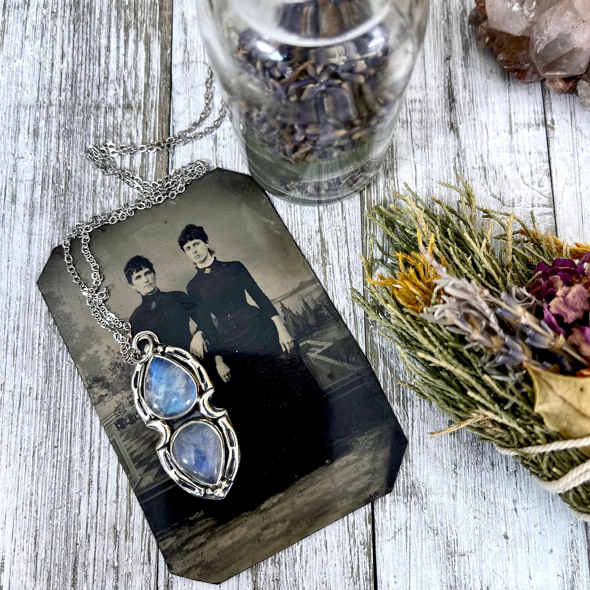 Rainbow Moonstone Mystic Moon Crystal Statement Necklace in Sterling Silver / Designed by FOXLARK Collection.