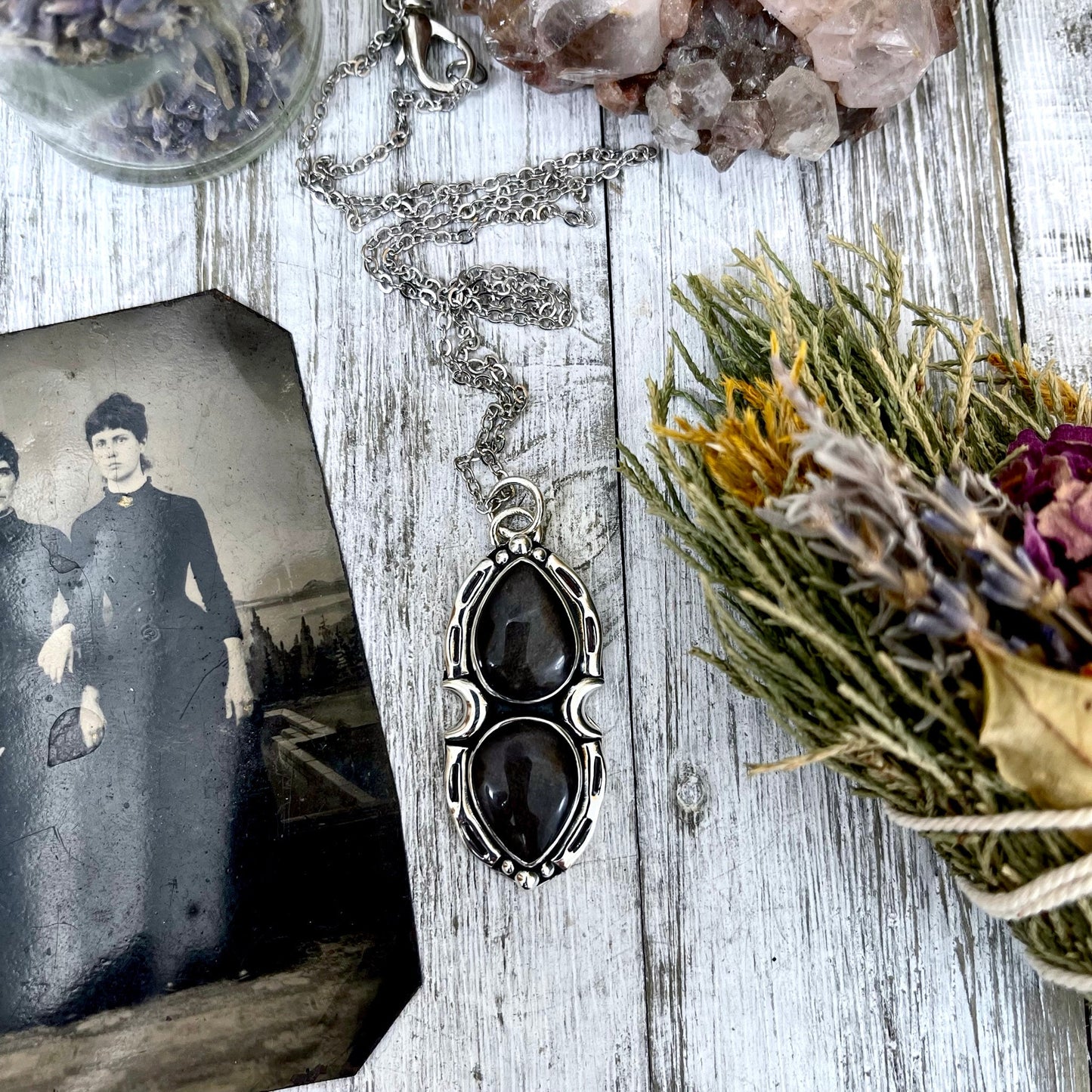 Silver Sheen Obsidian Mystic Moon Crystal Statement Necklace in Sterling Silver / Designed by FOXLARK Collection.