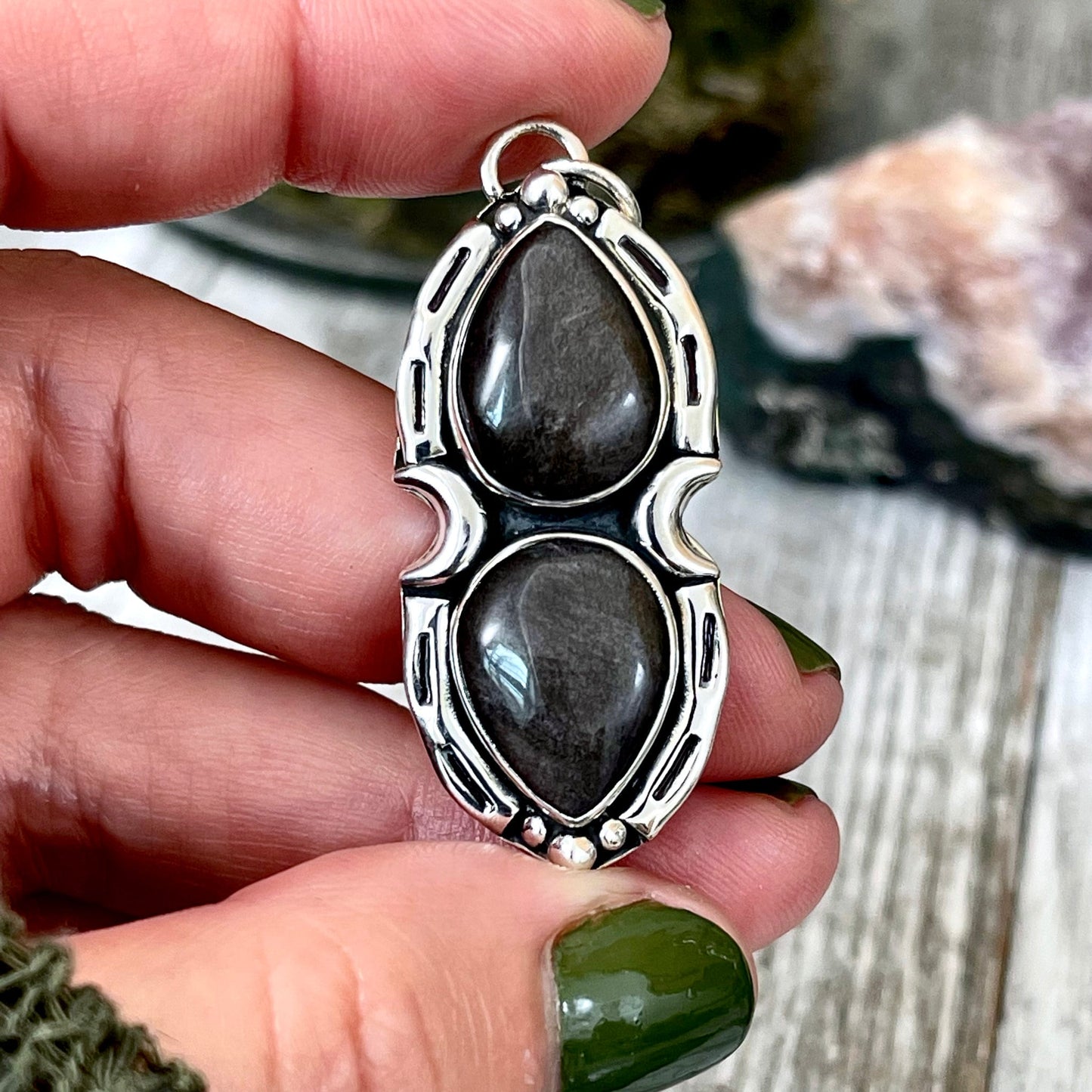 Silver Sheen Obsidian Mystic Moon Crystal Statement Necklace in Sterling Silver / Designed by FOXLARK Collection.