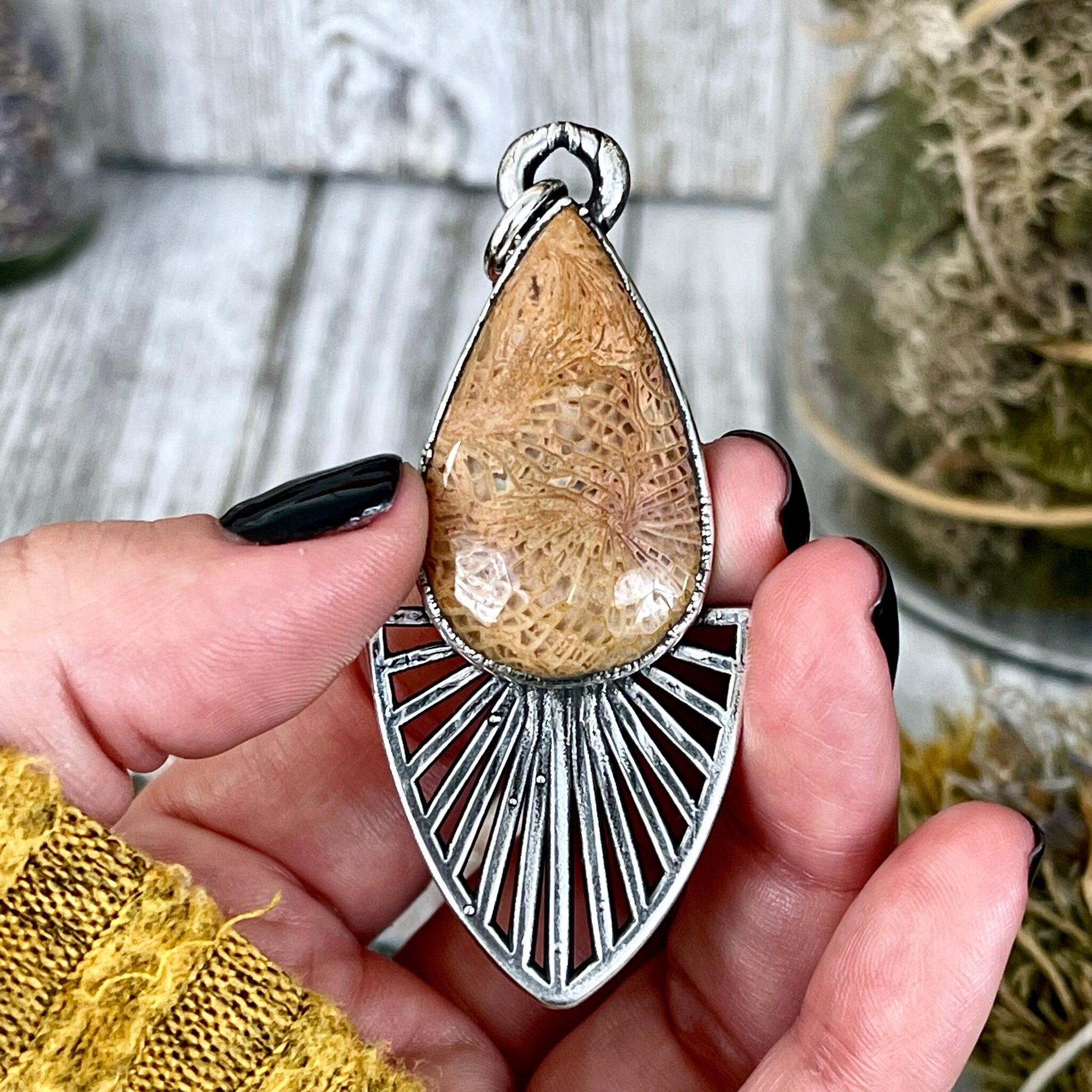 Moss & Moon Collection - Fossilized Coral Statement Necklace set in Fine Silver / One of a Kind - by Foxlark.