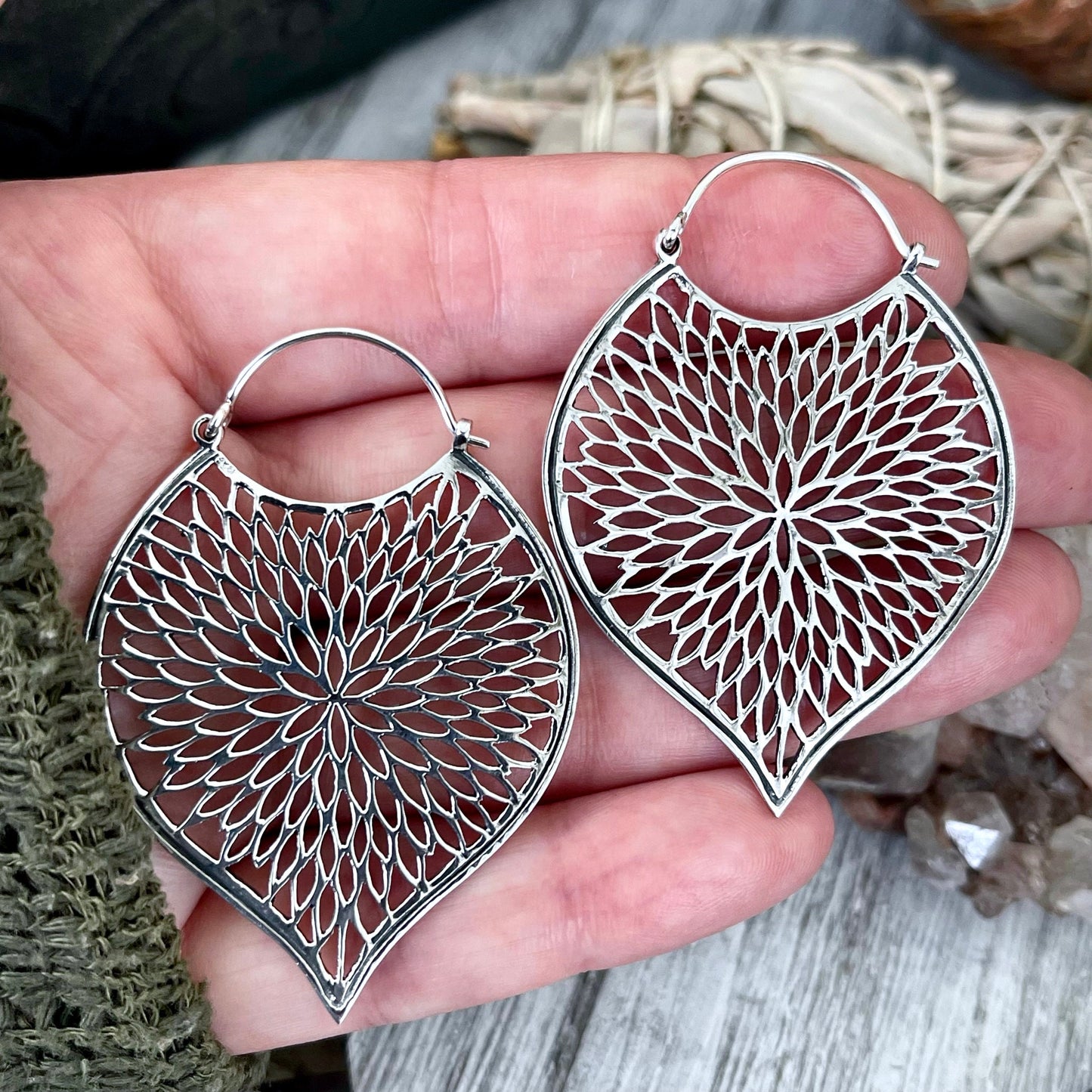 Large Sterling Silver Petal Cutout Earrings.