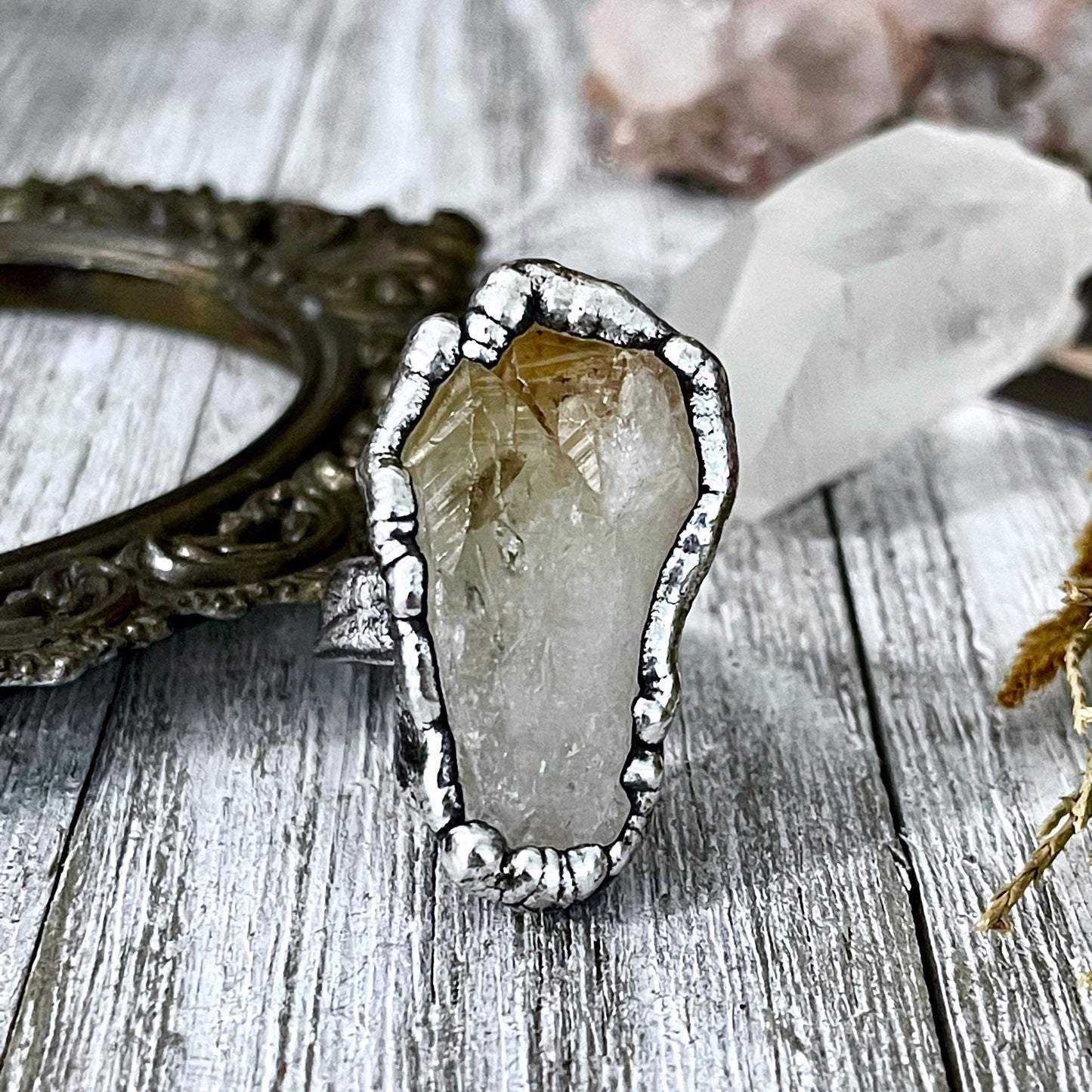 Size 8 Raw Citrine Crystal Point Ring Set in Fine Silver  / Foxlark Collection - One of a Kind.
