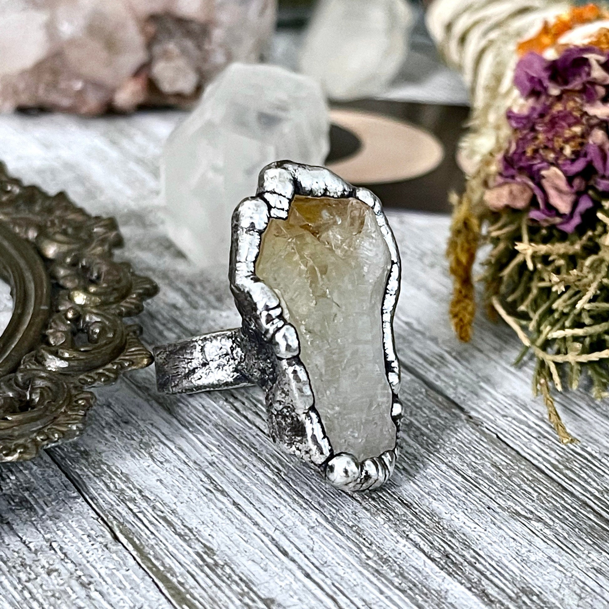 Size 8 Raw Citrine Crystal Point Ring Set in Fine Silver  / Foxlark Collection - One of a Kind.