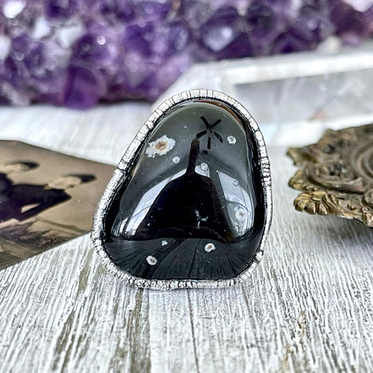 Size 9 Natural Black Tumbled Stone Agate Ring in Fine Silver/ Foxlark Collection - One of a Kind.