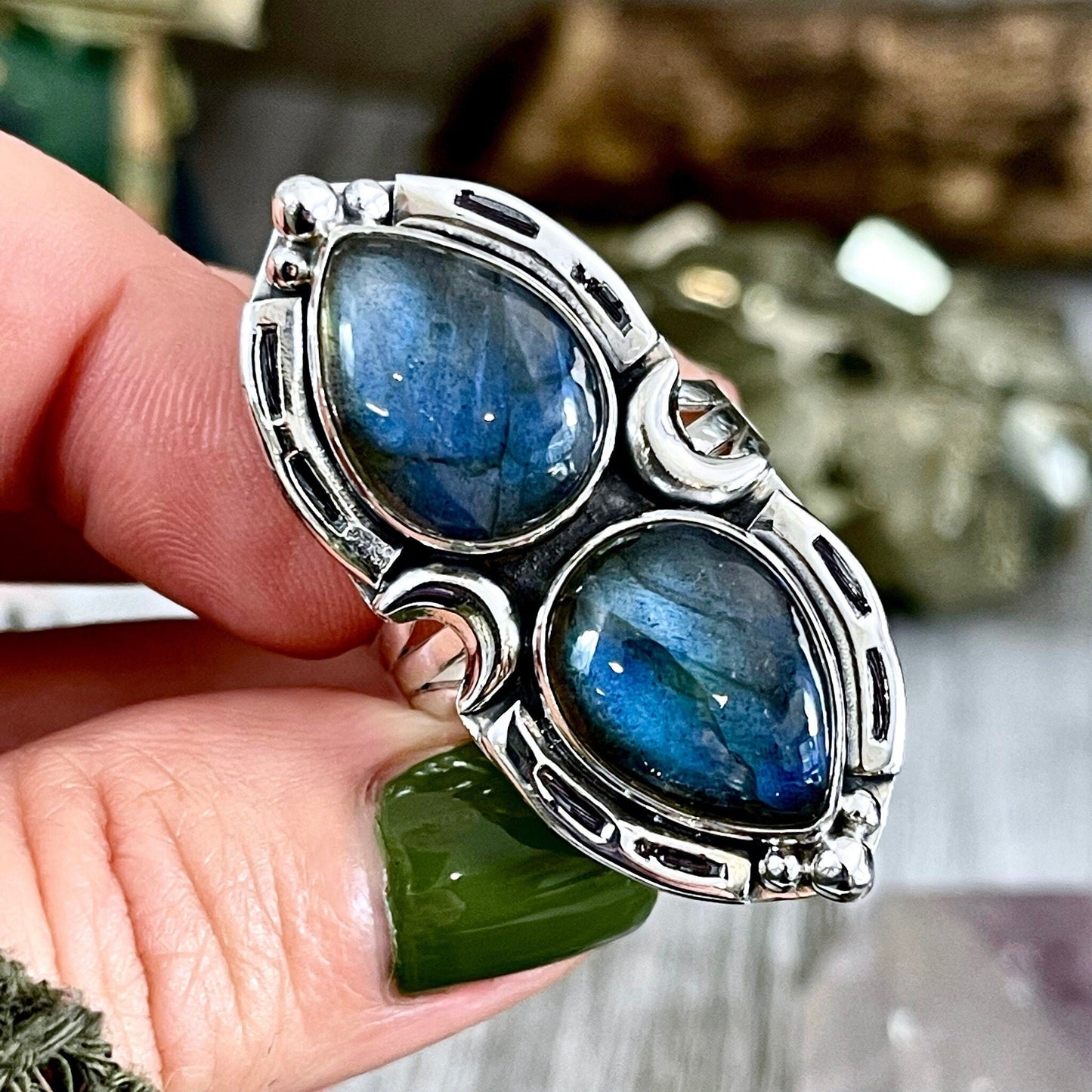 Mystic Moons Labradorite Crystal Ring Sterling Silver Designed FOXLARK Collection Size 6 7 8 9 10 / Big Crystal Ring Witchy Jewelry.