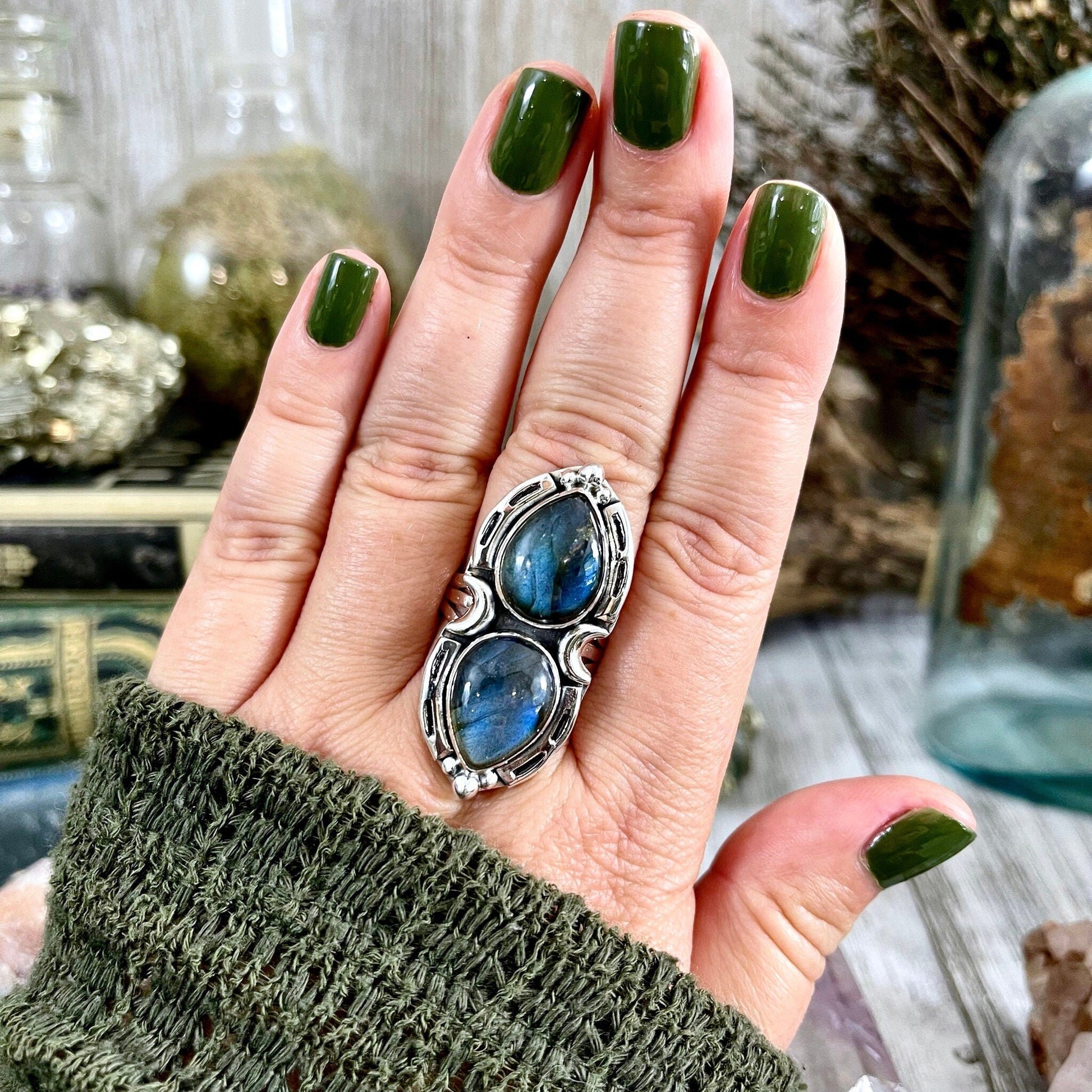 Mystic Moons Labradorite Crystal Ring Sterling Silver Designed FOXLARK Collection Size 6 7 8 9 10 / Big Crystal Ring Witchy Jewelry.