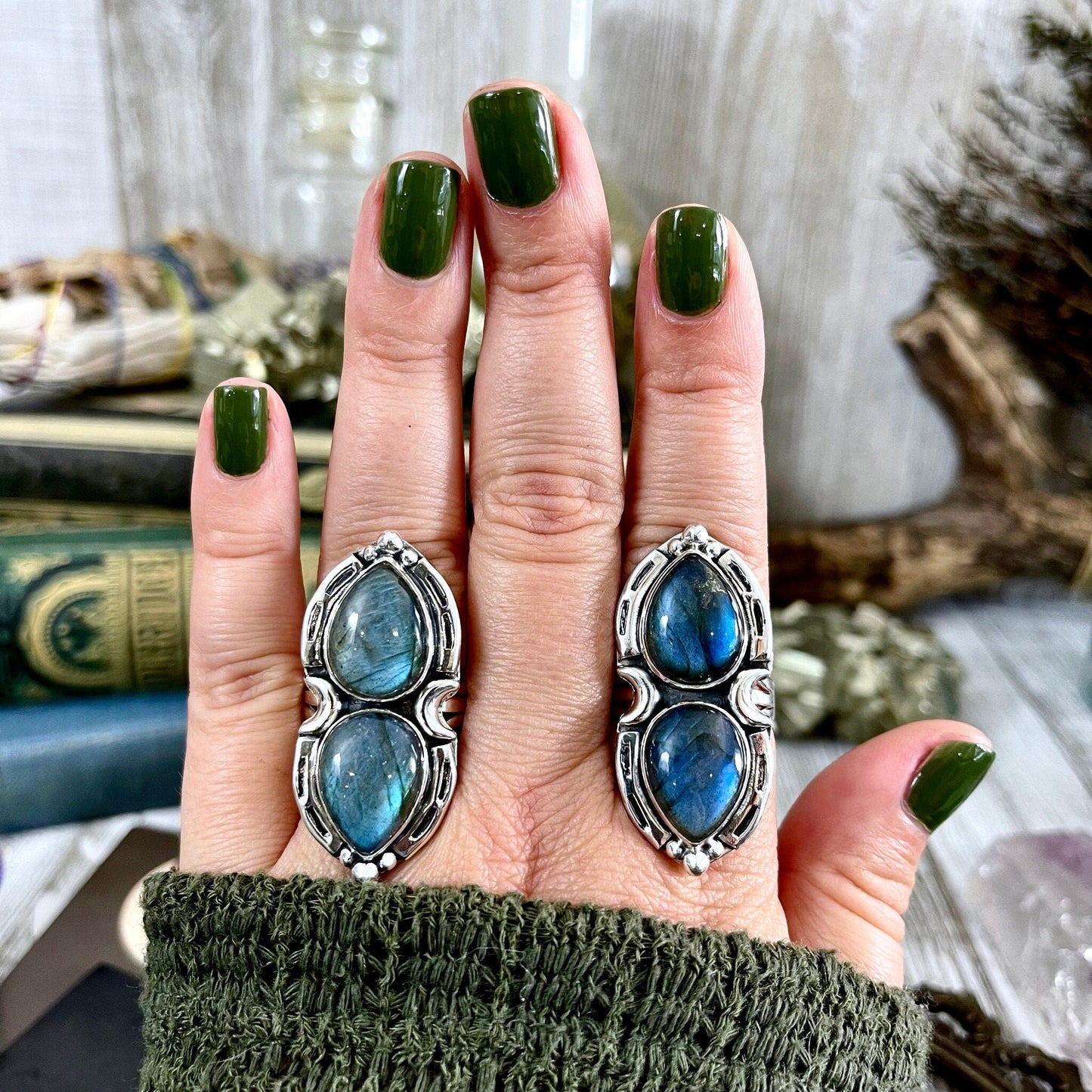 Mystic Moons Labradorite Crystal Ring Sterling Silver Designed FOXLARK Collection Size 6 7 8 9 10 / Big Crystal Ring Witchy Jewelry.