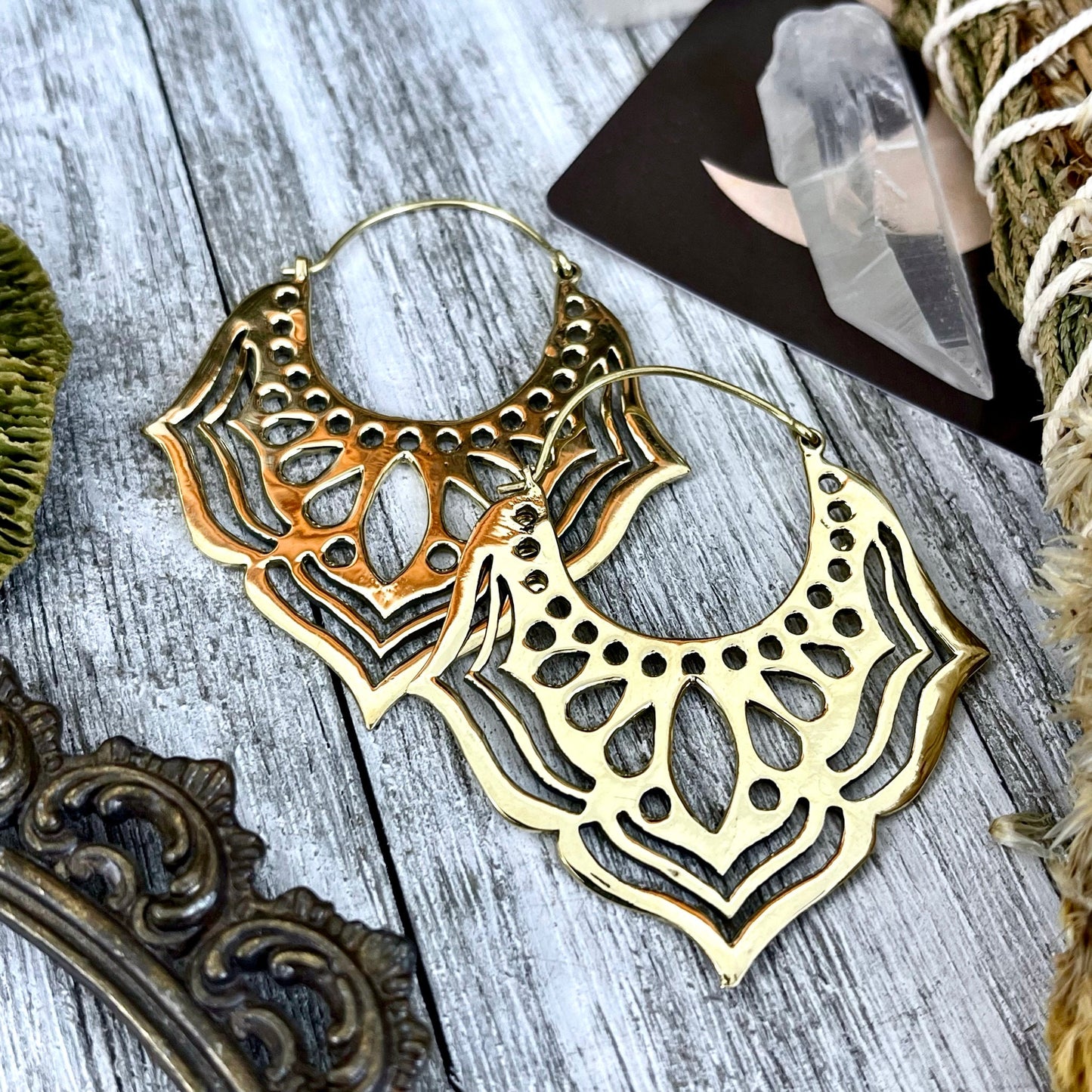 Large Brass Decorated Hoop Earrings.