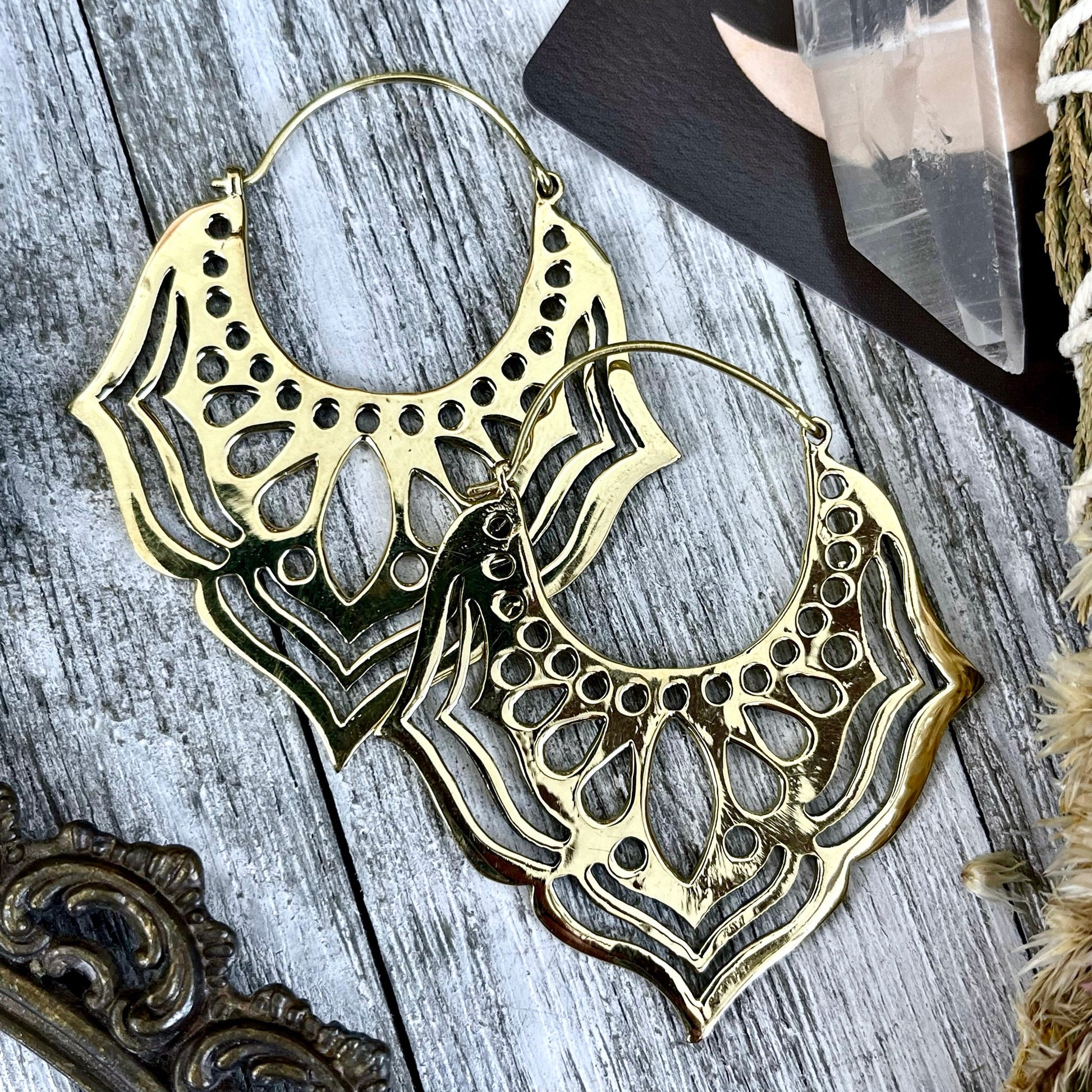 Large Brass Decorated Hoop Earrings.