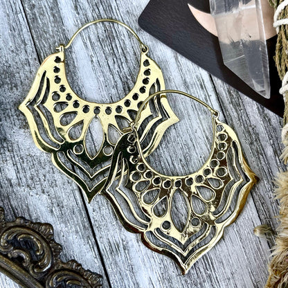 Large Brass Decorated Hoop Earrings.