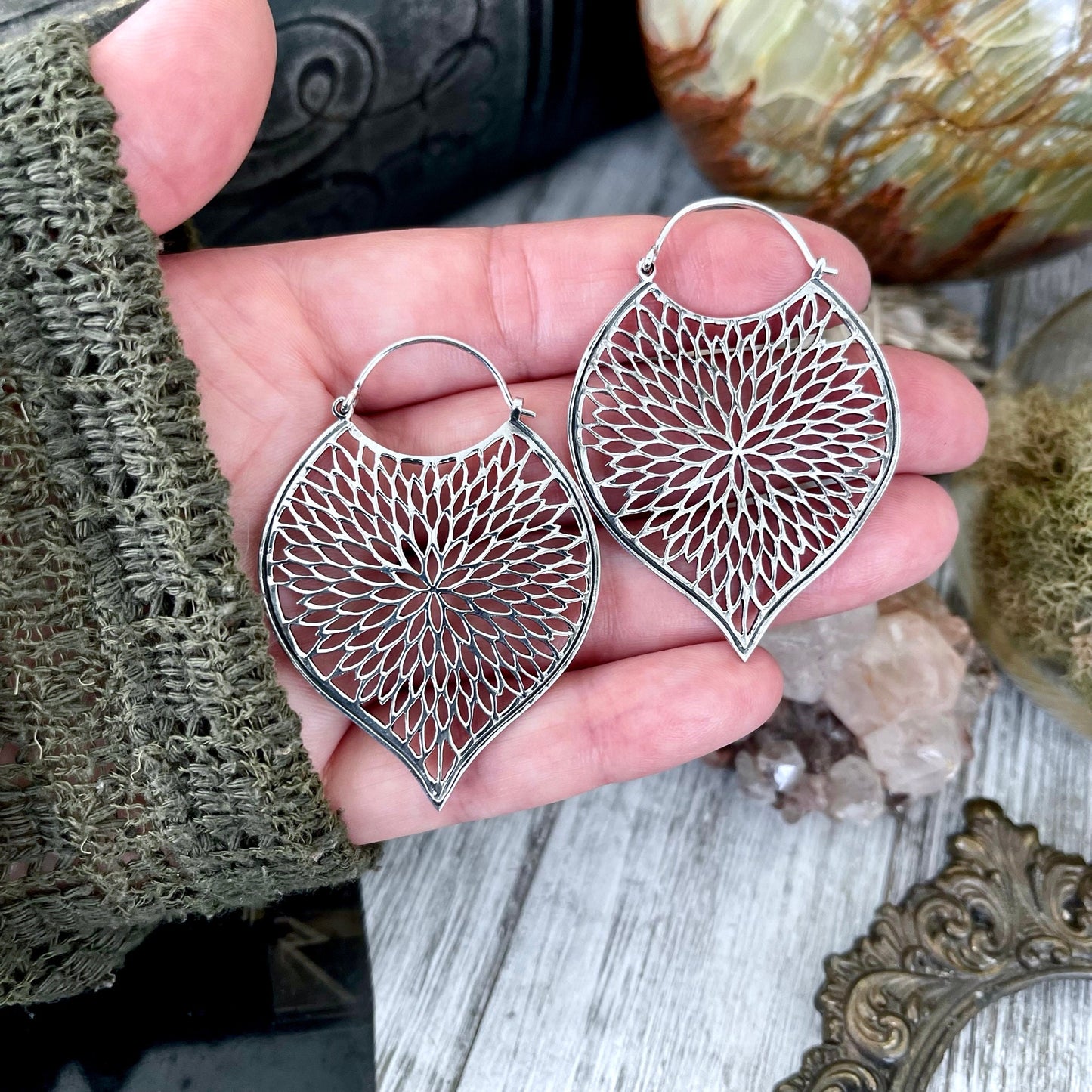 Large Sterling Silver Petal Cutout Earrings.