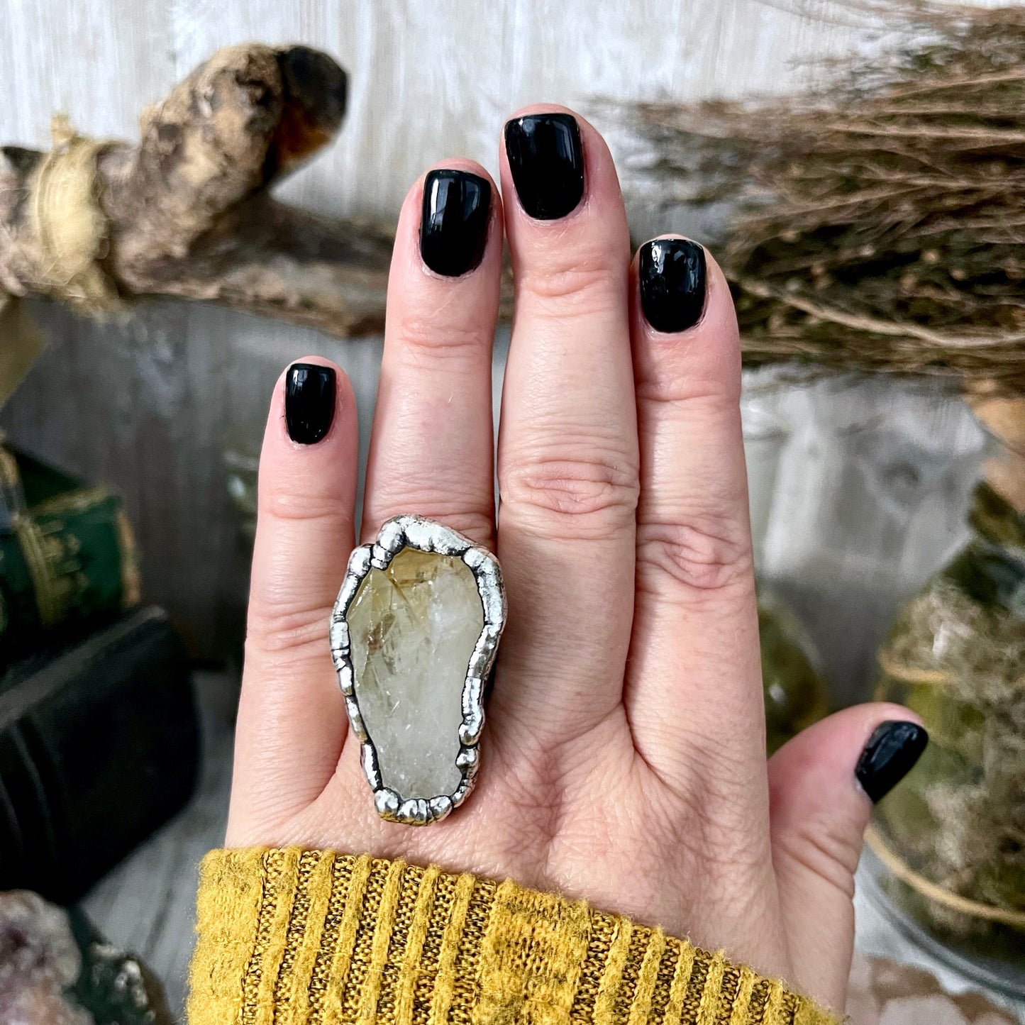 Size 8 Raw Citrine Crystal Point Ring Set in Fine Silver  / Foxlark Collection - One of a Kind.