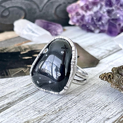 Size 9 Natural Black Tumbled Stone Agate Ring in Fine Silver/ Foxlark Collection - One of a Kind.