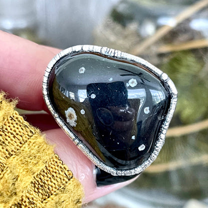 Size 9 Natural Black Tumbled Stone Agate Ring in Fine Silver/ Foxlark Collection - One of a Kind.