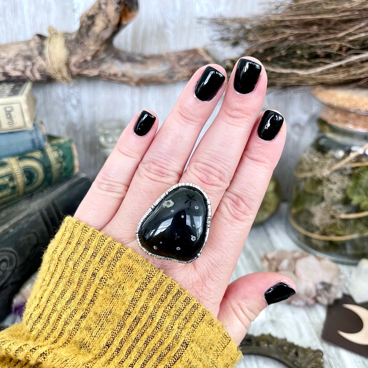 Size 9 Natural Black Tumbled Stone Agate Ring in Fine Silver/ Foxlark Collection - One of a Kind.