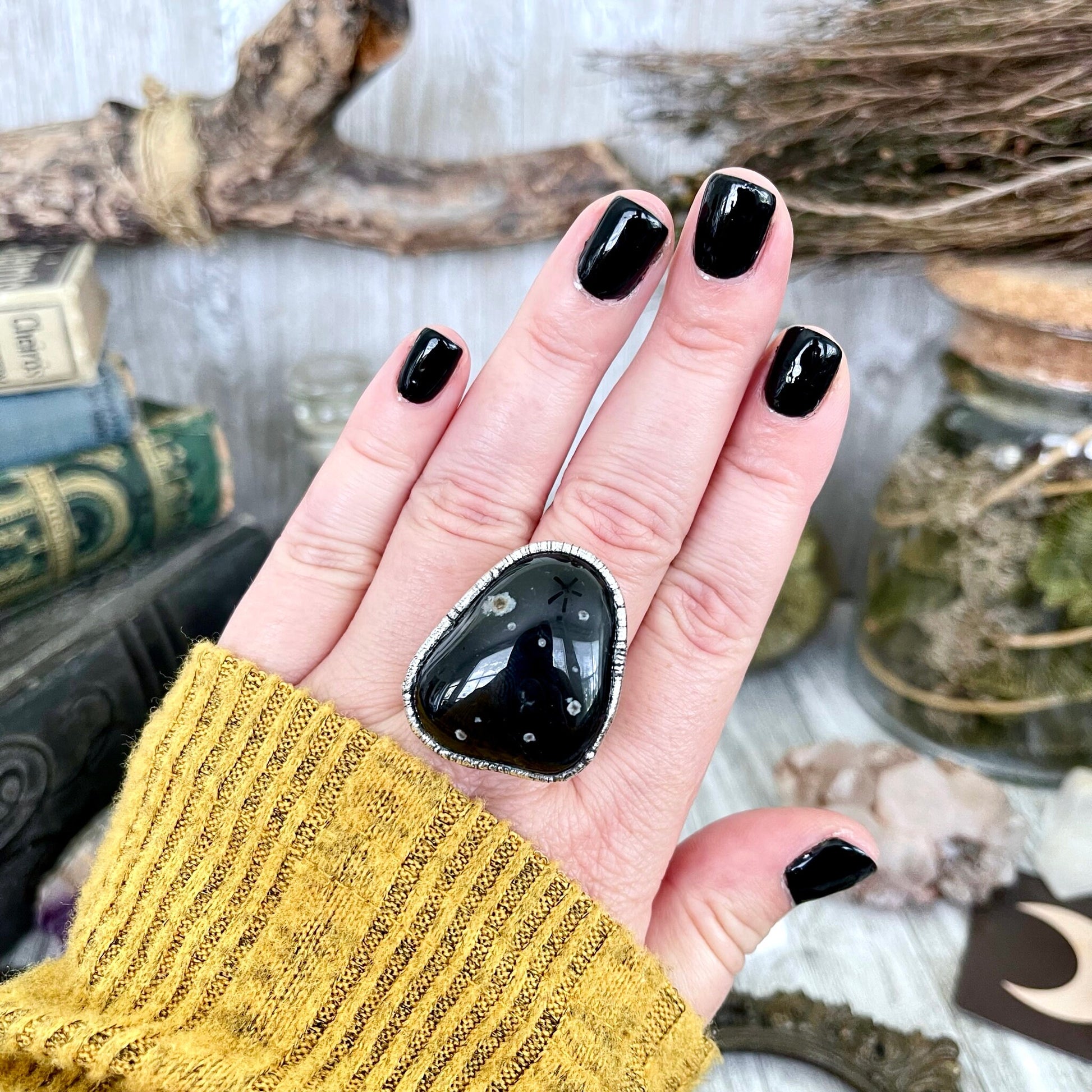 Size 9 Natural Black Tumbled Stone Agate Ring in Fine Silver/ Foxlark Collection - One of a Kind.