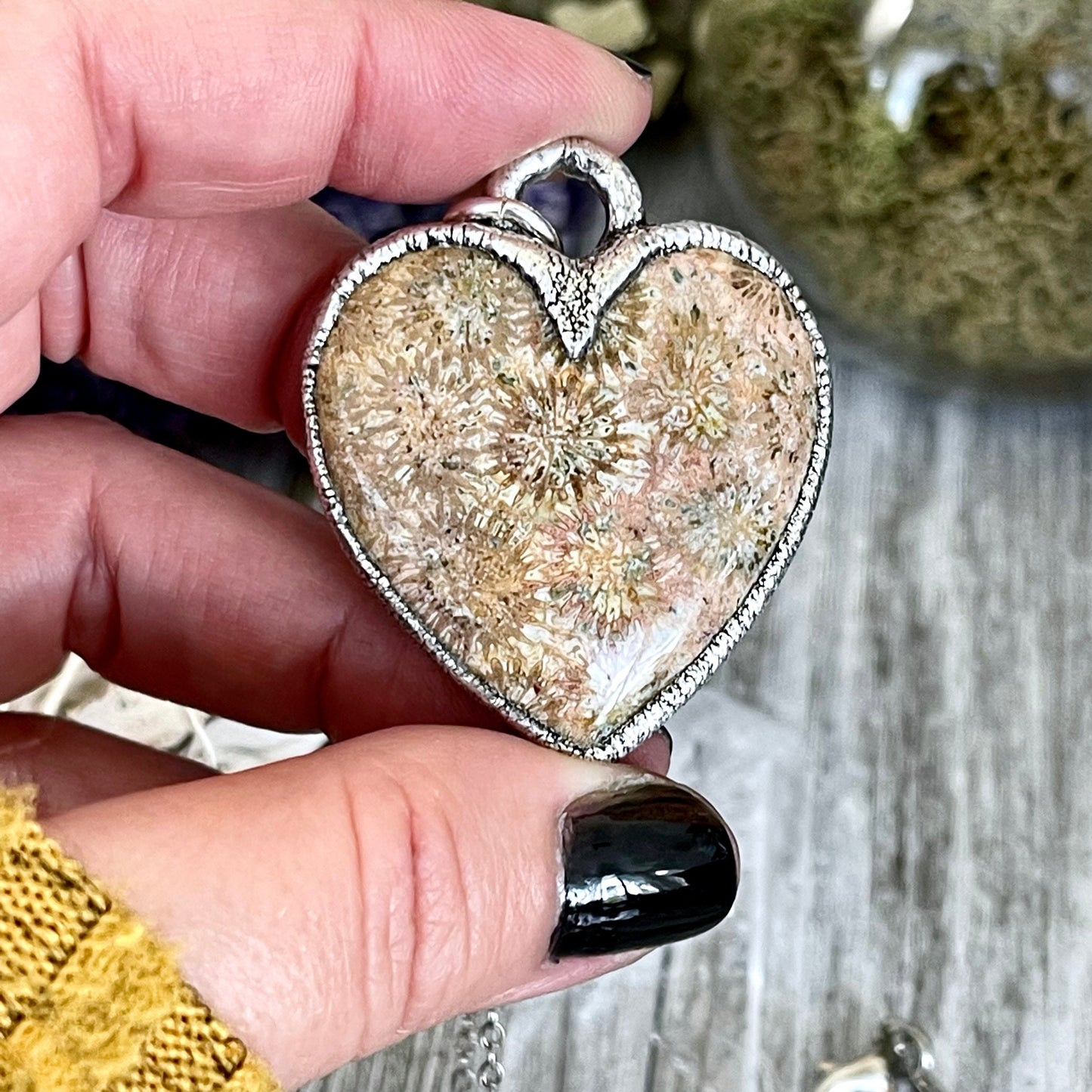 Big Fossilized Coral Heart Necklace in Fine Silver  / Foxlark Collection - One of a Kind.