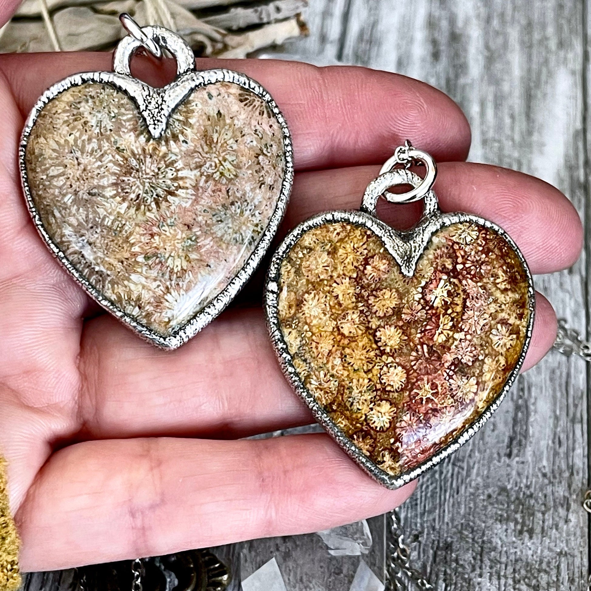 Big Fossilized Coral Heart Necklace in Fine Silver  / Foxlark Collection - One of a Kind.